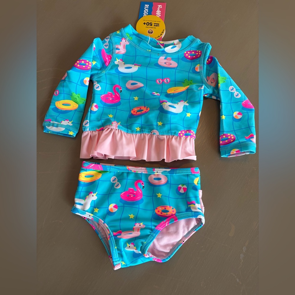 Rufflebutts Long Sleeve Rash Guard Bikini Sz 6-12 Months Neon Pool Party UPF 50+